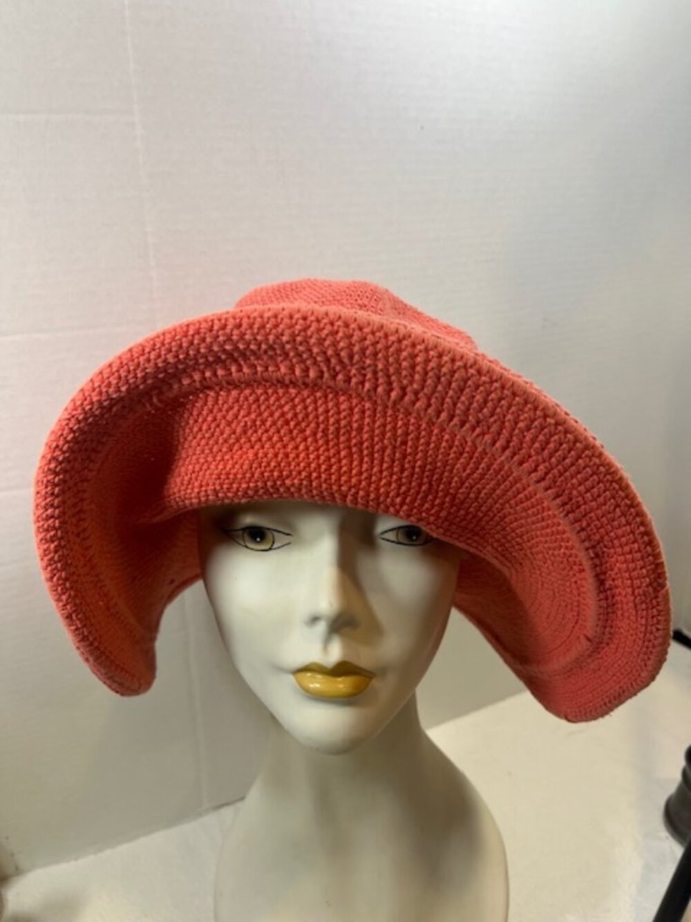 Floppy Crocheted Sun Hat Large Wired Brim Cotton Handmade Salmon Color
